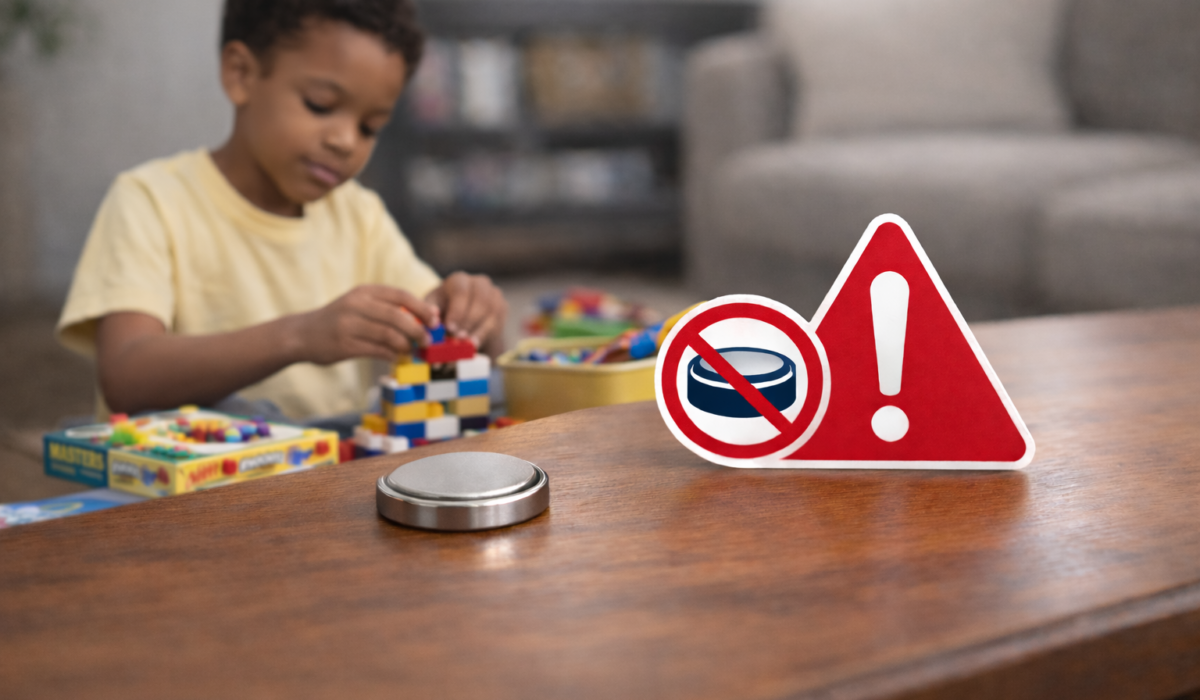 african-american-family Young Black boy playing with Legos in Background. Button battery in foreground.
